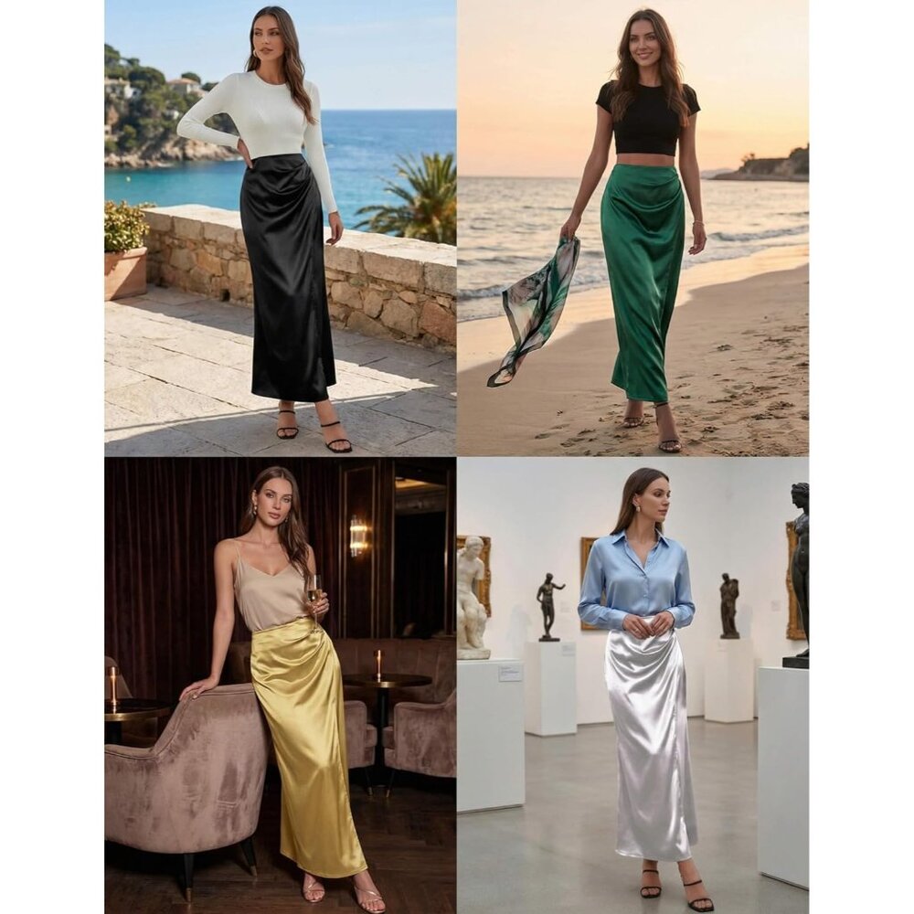 Women's Gold Satin Wrap High Waisted Flowy Spring Summer Ruched Long Maxi Skirt - Picture 6 of 6